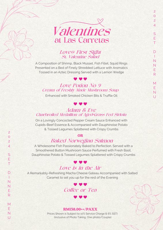 Valentine Set Dinner Menu 14th February 2025 Las Carretas Mexican